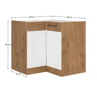 kuchynsk linka VEGA 90x90 DN-1F-BB spodn skrinka rohov - rozmery, farba korpusu: dub lancelot / dvierka: biela extra vysok lesk / dub lancelot