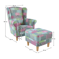 kreslo ASTRID s taburetom - rozmery, poťah: patchwork M1 kreslo ASTRID s taburetom - rozmery, poťah: patchwork M1