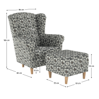 kreslo ASTRID s taburetom - rozmery, poťah: patchwork N1 kreslo ASTRID s taburetom - rozmery, poťah: patchwork N1