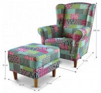 kreslo ASTRID s taburetom - rozmery, poah: patchwork M1